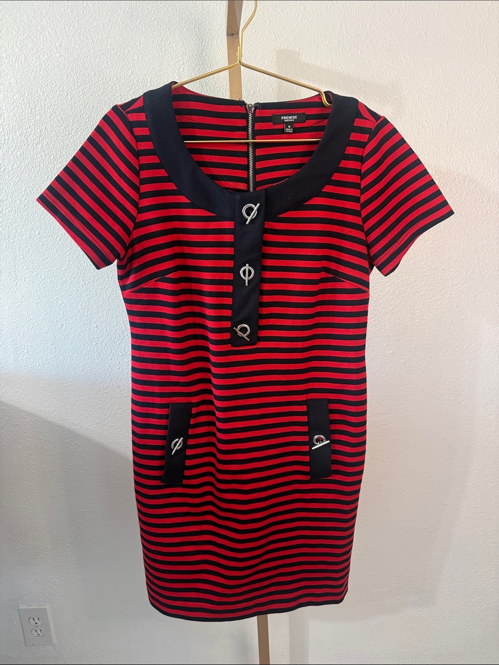EXPRESS- Red and Navy Striped Short Sleeve Shift Dress- medium